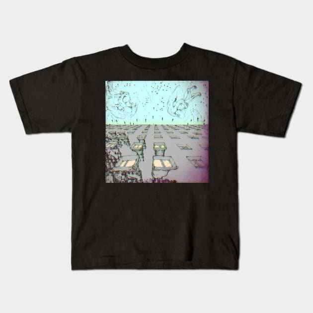 gray house with mechanical windows with the meaning of life people are like birds Kids T-Shirt by Takeshi Kolotov